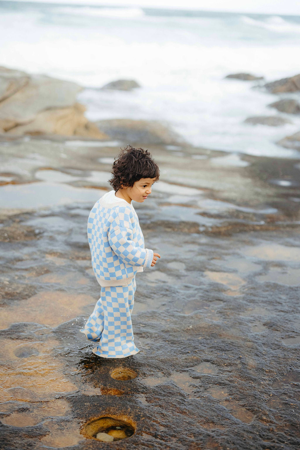 Checkered Knit Cardigan - Blue Wave