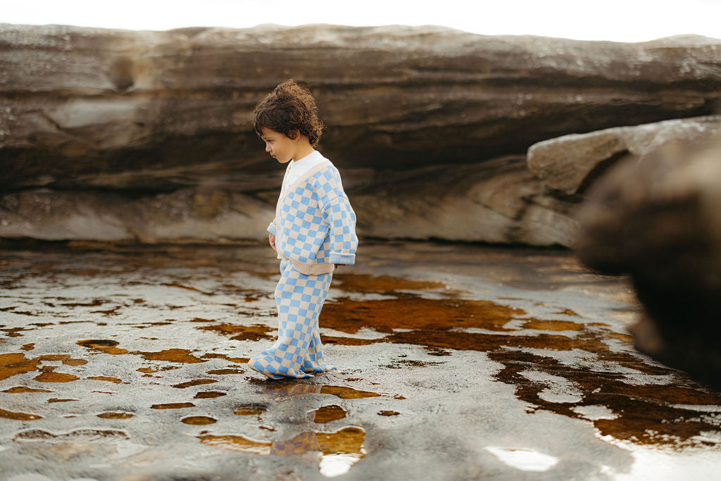 Checkered Knit Cardigan - Blue Wave