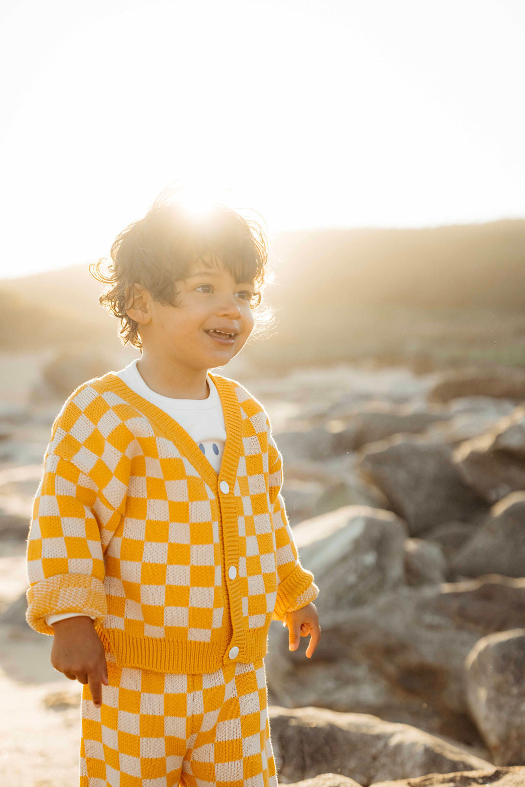 Checkered Knit Cardigan - Sunset Yellow