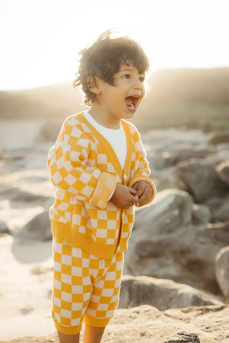 Checkered Knit Cardigan - Sunset Yellow