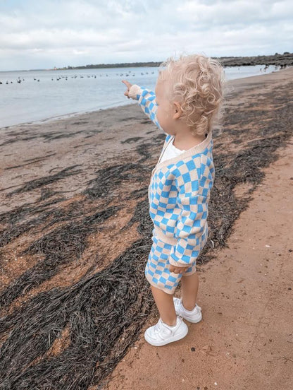 Checkered Knit Cardigan - Blue Wave