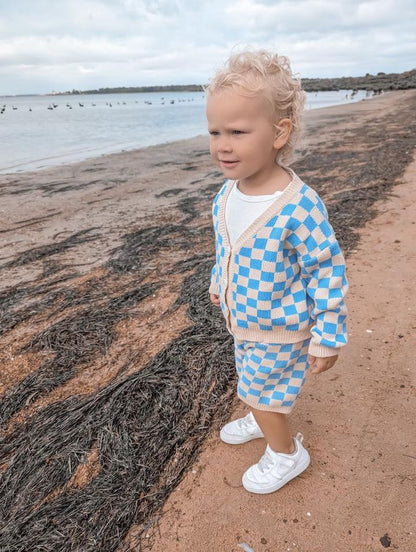Checkered Knit Cardigan - Blue Wave