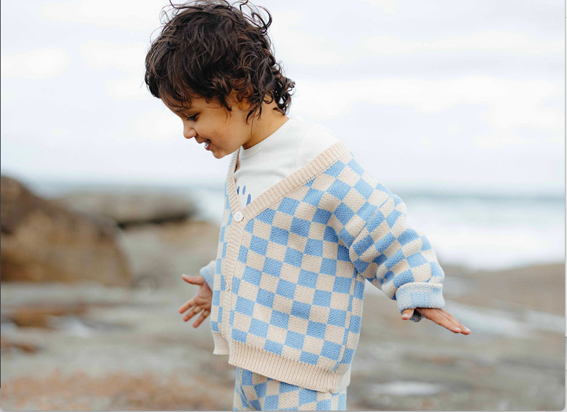 Checkered Knit Cardigan - Blue Wave